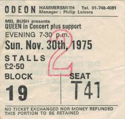 Ticket stub - Queen live at the Hammersmith Odeon, London, UK [30.11.1975]