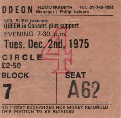 Ticket stub - Queen live at the Hammersmith Odeon, London, UK [02.12.1975]