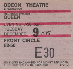 Ticket stub - Queen live at the Odeon, Birmingham, UK [09.12.1975]