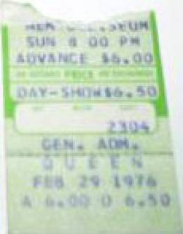 Ticket stub - Queen live at the Coliseum, Fort Wayne, IN, USA [29.02.1976]