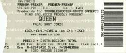 Ticket stub - Queen + Paul Rodgers live at the Palau Sant Jordi, Barcelona, Spain [02.04.2005]