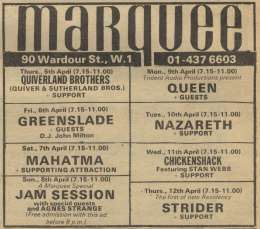 Flyer/ad - Queen at Marquee on 09.04.1973