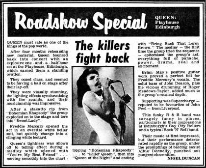 Newspaper review: Queen live at the Playhouse Theatre, Edinburgh, UK [01.09.1976]