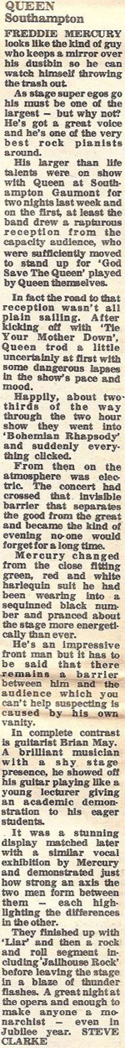 Newspaper review: Queen live at the Gaumont, Southampton, UK [26.05.1977]
