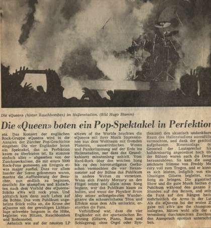 Newspaper review: Queen live at the Hallenstadion, Zurich, Switzerland [30.04.1978]