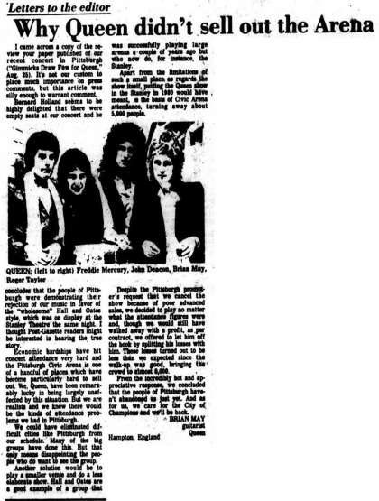 Newspaper review: Queen live at the Civic Centre, Pittsburgh, PA, USA [24.08.1980]
