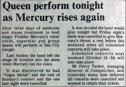 Newspaper review: Queen live at the Super Bowl, Sun City, Bophuthatswana [10.10.1984]