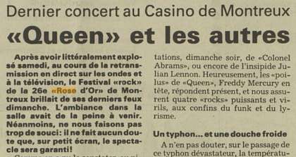 Newspaper review: Queen live at the Casino de Montreux, Montreux, Switzerland (Golden Rose festival) [11.05.1986]
