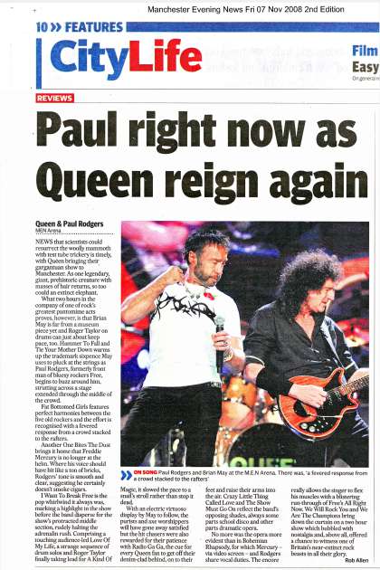Newspaper review: Queen + Paul Rodgers live at the MEN Arena, Manchester, UK [05.11.2008]