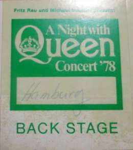 Backstage pass for the Queen concert in Hamburg on 14.04.1978