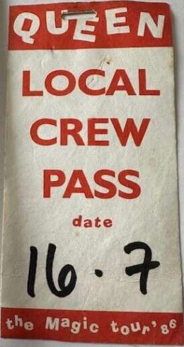 Crew pass for the Queen concert in Manchester on 16.07.1986