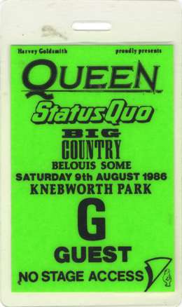 Guest pass for the Queen concert at Knebworth park on 09.08.1986 (from John Deacon's collection)