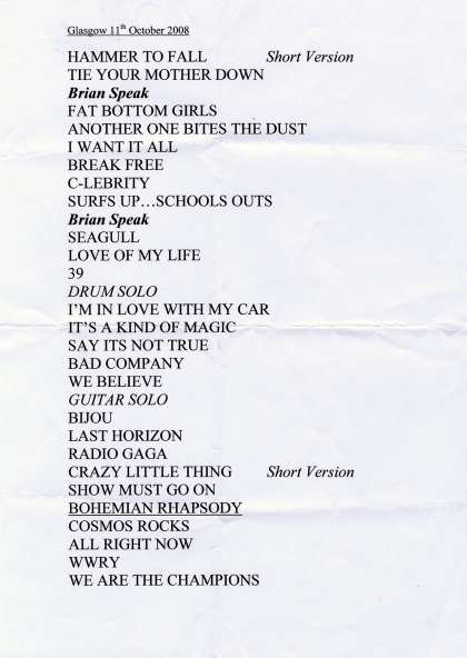 Setlist - Queen + Paul Rodgers - 11.10.2008 Glasgow, UK