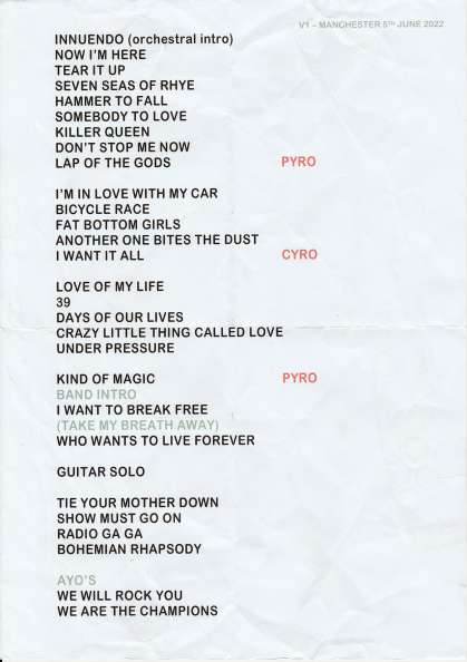 Setlist - Queen + Adam Lambert - 03.06.2022 Glasgow, UK