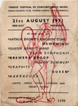 Ticket stub - Queen live at the Tregye Country Club, Carnon Downs Festival, Truro, UK [21.08.1971]