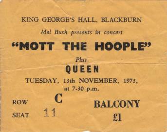 Ticket stub - Queen live at the King George's Hall, Blackburn, UK [13.11.1973]