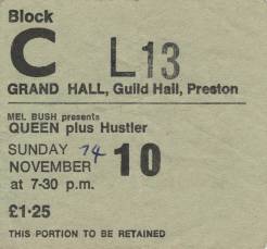 Ticket stub - Queen live at the Guildhall, Preston, UK [10.11.1974]