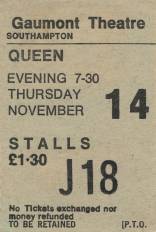 Ticket stub - Queen live at the Gaumont, Southampton, UK [14.11.1974]