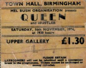 Ticket stub - Queen live at the Town Hall, Birmingham, UK [16.11.1974]