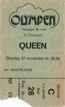 Ticket stub - Queen live at the Olympen, Lund, Sweden [27.11.1974]