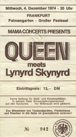 Ticket stub - Queen live at the Palmengarten, Frankfurt, Germany [04.12.1974]