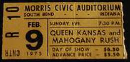 Ticket stub - Queen live at the Morris Civic Auditorium, South Bend, IN, USA [09.02.1975]