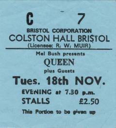 Ticket stub - Queen live at the Colston Hall, Bristol, UK [18.11.1975]