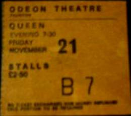 Ticket stub - Queen live at the Odeon, Taunton, UK [21.11.1975]