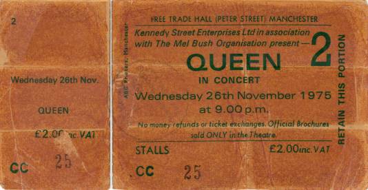 Ticket stub - Queen live at the Free Trade Hall, Manchester, UK (2nd gig) [26.11.1975]