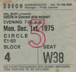Ticket stub - Queen live at the Hammersmith Odeon, London, UK [01.12.1975]