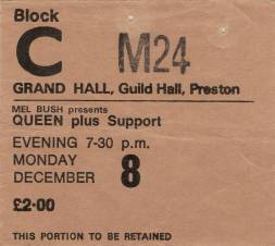 Ticket stub - Queen live at the Guildhall, Preston, UK [08.12.1975]