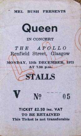 Ticket stub - Queen live at the Apollo Theatre, Glasgow, UK [15.12.1975]