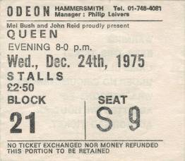 Ticket stub - Queen live at the Hammersmith Odeon, London, UK [24.12.1975]