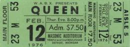 Ticket stub - Queen live at the Masonic Temple, Detroit, MI, USA [12.02.1976]