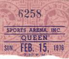 Ticket stub - Queen live at the Sports Arena, Toledo, OH, USA [15.02.1976]