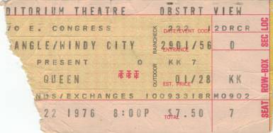 Ticket stub - Queen live at the Auditorium Theater, Chicago, IL, USA [22.02.1976]