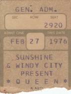 Ticket stub - Queen live at the Convention Centre, Indianapolis, IN, USA [27.02.1976]
