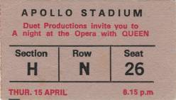 Ticket stub - Queen live at the Apollo Stadium, Adelaide, Australia [15.04.1976]