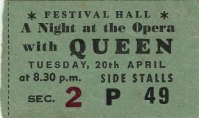 Ticket stub - Queen live at the Festival Hall, Melbourne, Australia [20.04.1976]