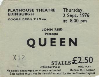 Ticket stub - Queen live at the Playhouse Theatre, Edinburgh, UK [02.09.1976]