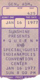 Ticket stub - Queen live at the Convention Centre, Indianapolis, IN, USA [16.01.1977]