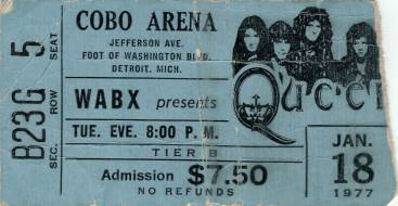 Ticket stub - Queen live at the Cobo Hall, Detroit, MI, USA [18.01.1977]