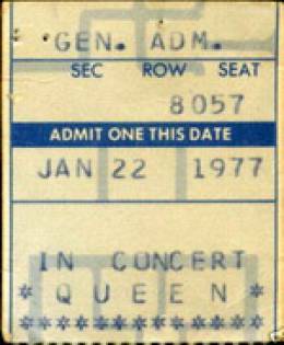 Ticket stub - Queen live at the Wings Stadium, Kalamazoo, MI, USA [22.01.1977]