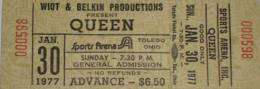 Ticket stub - Queen live at the Sports Arena, Toledo, OH, USA [30.01.1977]