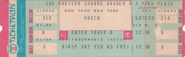 Ticket stub - Queen live at the Madison Square Garden, New York, NY, USA [05.02.1977]