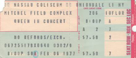 Ticket stub - Queen live at the Nassau Coliseum, Uniondale, Long Island, NY, USA [06.02.1977]