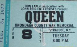 Ticket stub - Queen live at the War Memorial Auditorium, Syracuse, NY, USA [08.02.1977]