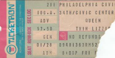 Ticket stub - Queen live at the Civic Centre, Philadelphia, PA, USA [11.02.1977]