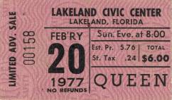Ticket stub - Queen live at the Civic Centre, Lakeland, FL, USA [20.02.1977]