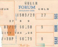Ticket stub - Queen live at the Forum, Inglewood, CA, USA [02.03.1977]